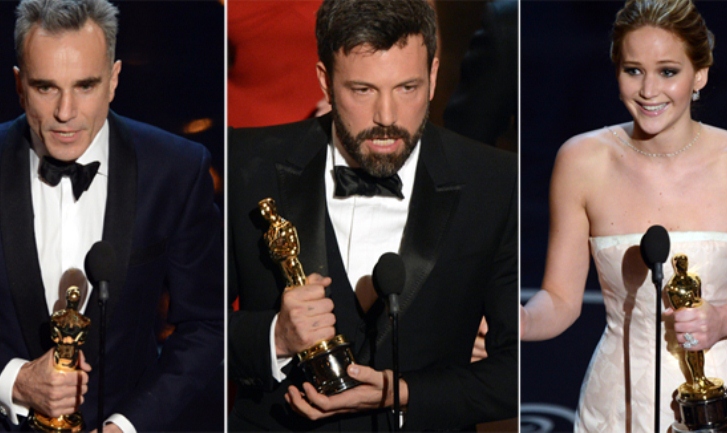 Ben Affleck, Jennifer Lawrence i Daniel Day Lewis Ben Affleck, Jennifer Lawrence i Daniel Day Lewis