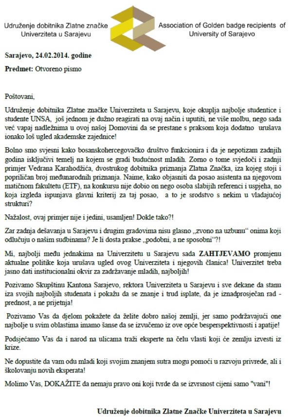 pismo studenata UNSA pismo studenata UNSA