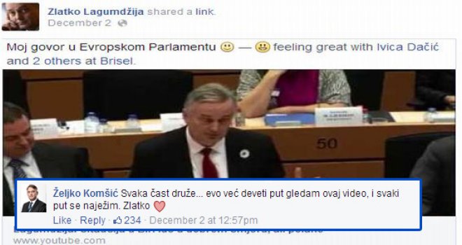 Svaka čast, druže: Komšić poslao Lagumdžiji 'srce' na Facebooku zbog govora u Briselu