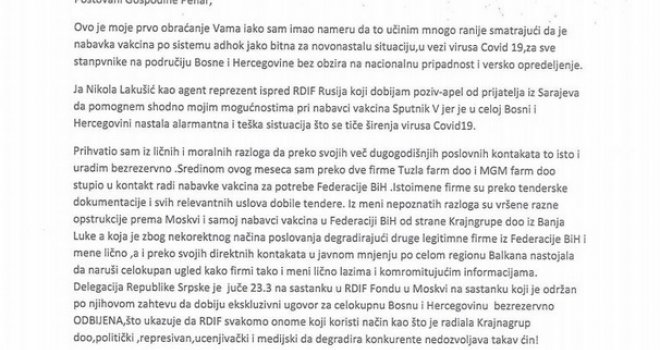  Lakušić pisao Peharu: Ko u Moskvi opstruira nabavku vakcina za FBiH?