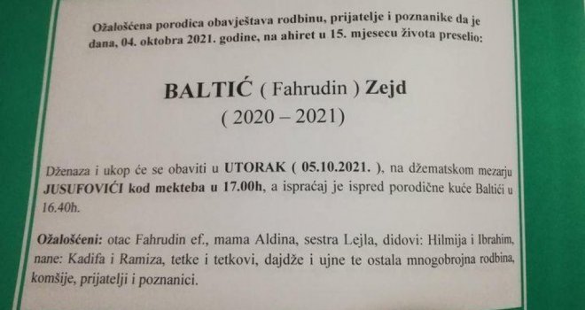 Smrt koja je potresla BiH: Zejd Baltić je imao samo 15 mjeseci, otac se od njega oprostio emotivnom porukom