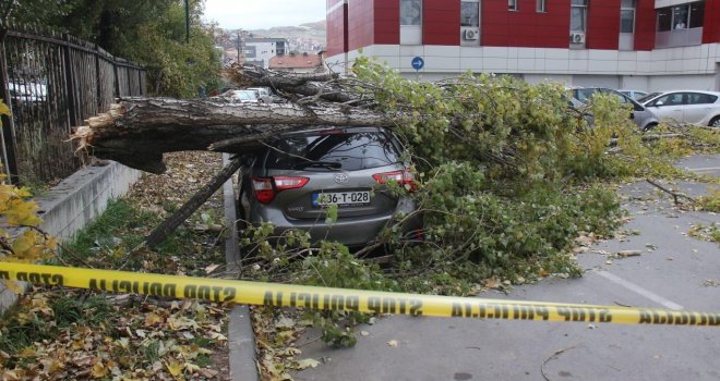 Jak vjetar u Sarajevu rušio stabla, ogromne štete na automobilima: Pogledajte haotično stanje na parkingu