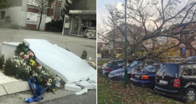 Snažan vjetar u Sarajevu oborio spomenik, oštetio krov škole, rušio stabla...