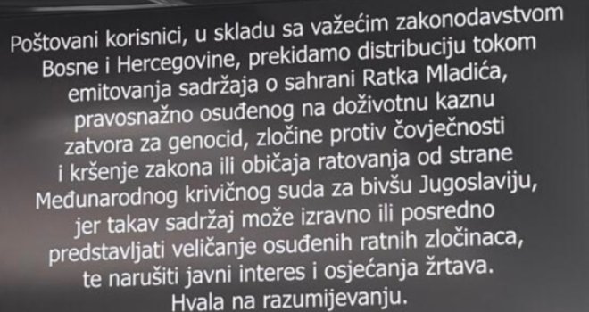 BH Telecom ukinuo signal RTRS-a zbog programa  posvećenog sahrani ratnog zločinca Mladića